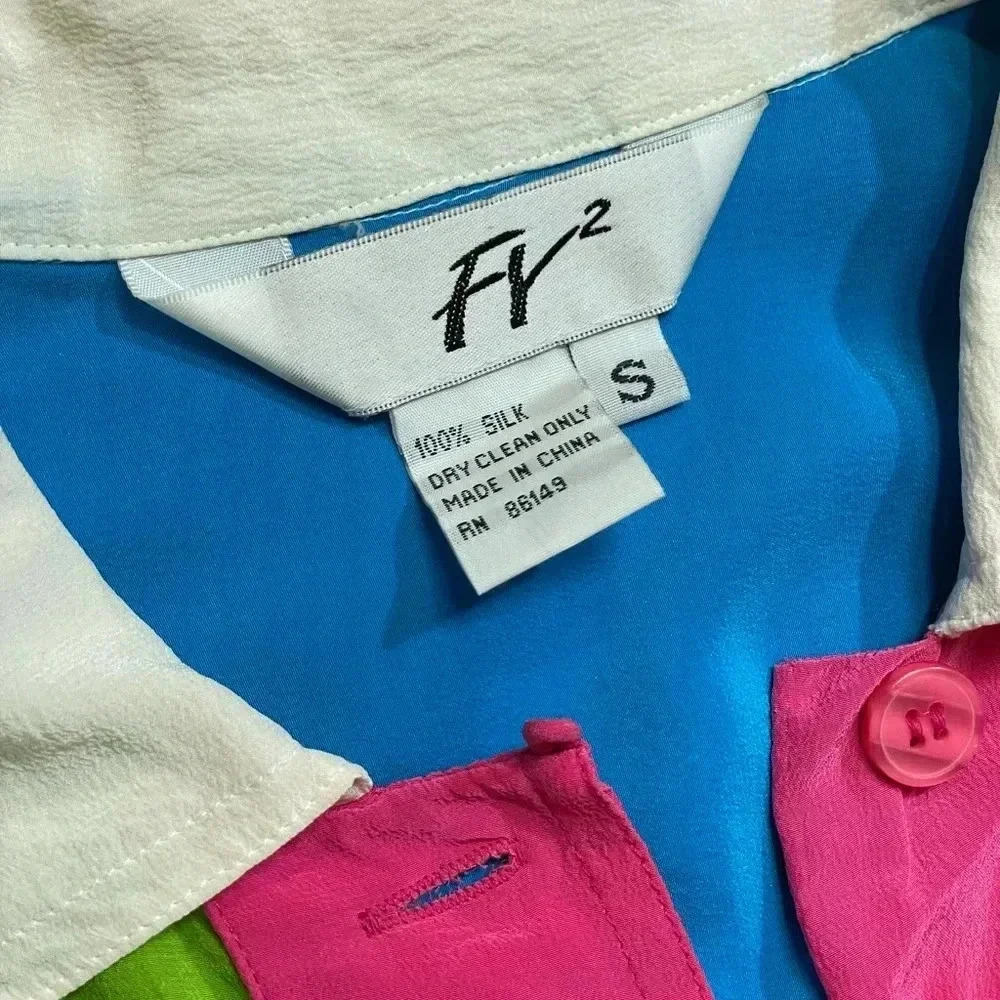 Lightweight Vintage Color block 3/4 Sleeve Silk Button Up Shirt Cinched Waist Sm - Picture 4 of 15